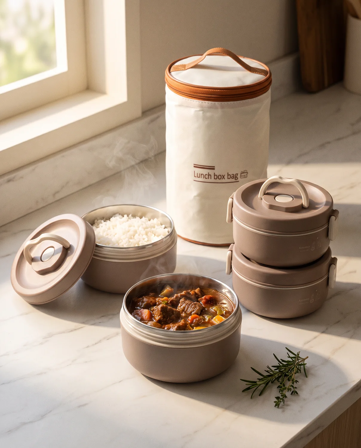 Lonchera ITAKATE servida en casa: arroz y guisado calientes con vapor, junto a su bolsa térmica